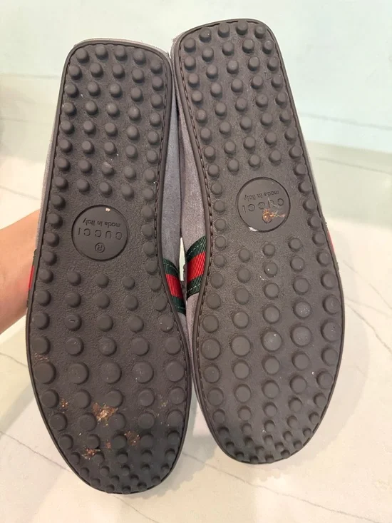 Gucci Gray Suede Loafers with Green-Red Web Detail - Picture 9 of 10